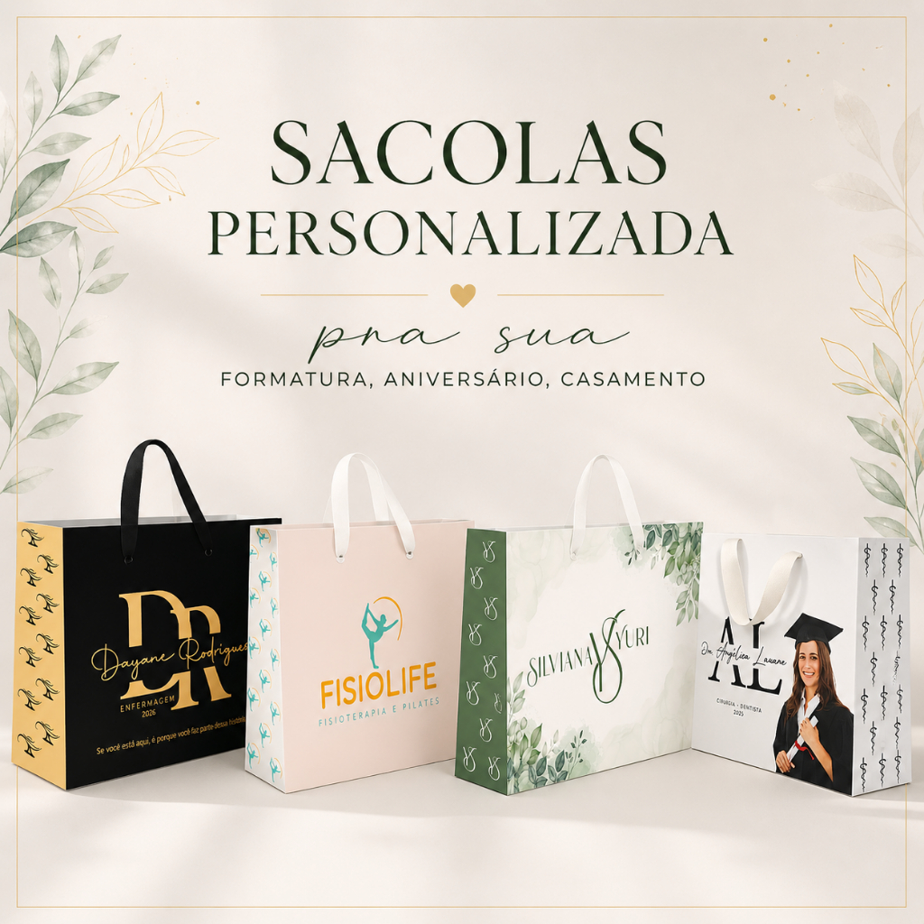kit 10 Sacolas Personalizada com logo para lojas 21x16,5x8cm fotos p/formatura, premium para presente e cliente