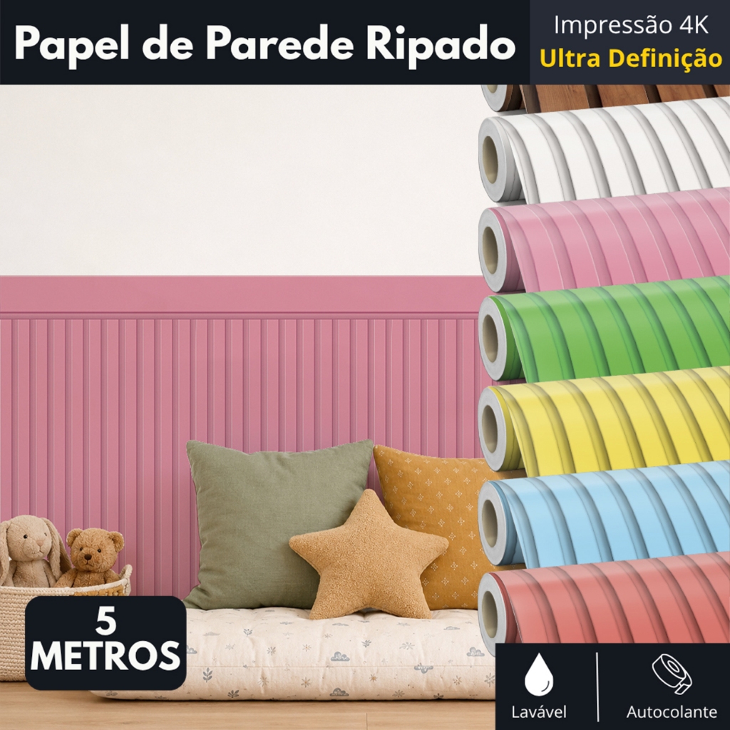 Papel de Parede Adesivo Ripado Ripas de Madeira Rosa Menina Quarto Decoração Lavável