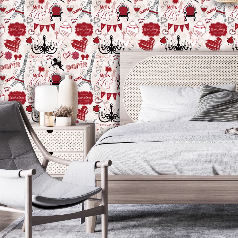 Papel De Parede Love Vermelho Decoração Quarto menina Adesivo Lavável Rolo de 3 Metros