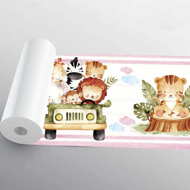 Adesivo Faixa Safari Aquarela Rosa Para quarto infantil de Menina, Lavável - Pro Decor