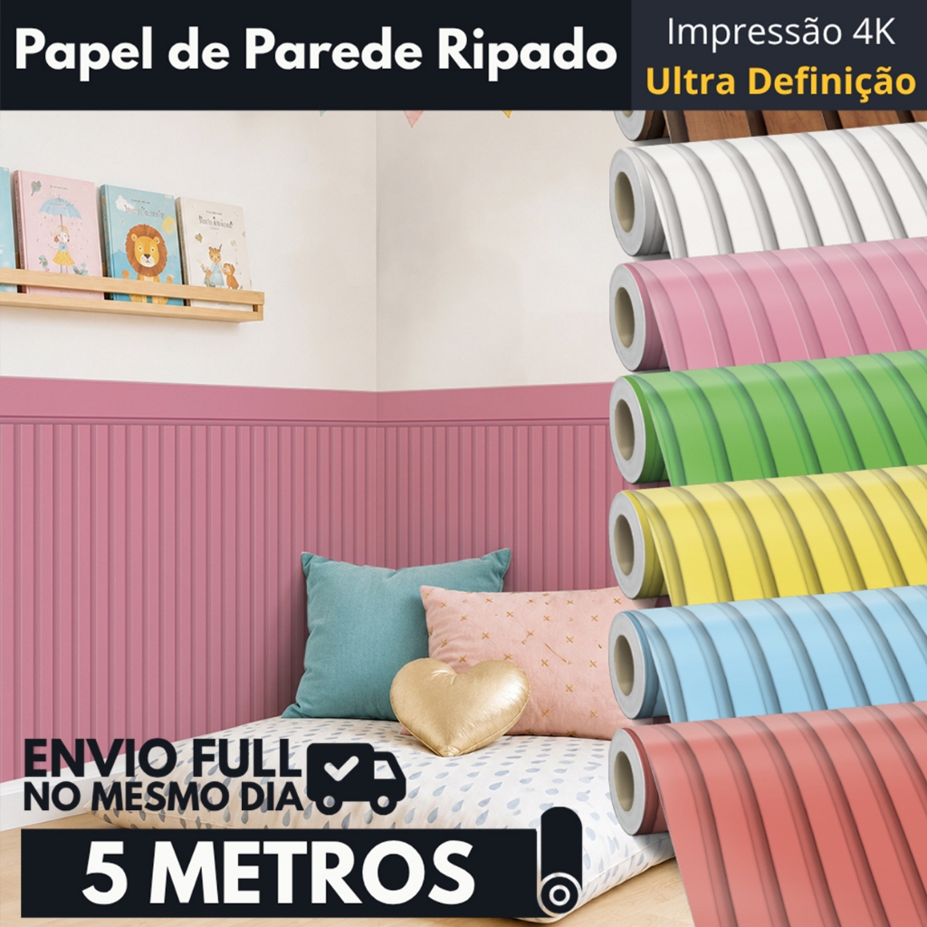 Adesivo Auto Colante Papel de Parede Ripado Madeira Rosa Rose Quarto Infantil Menina Rolo 5 Metros