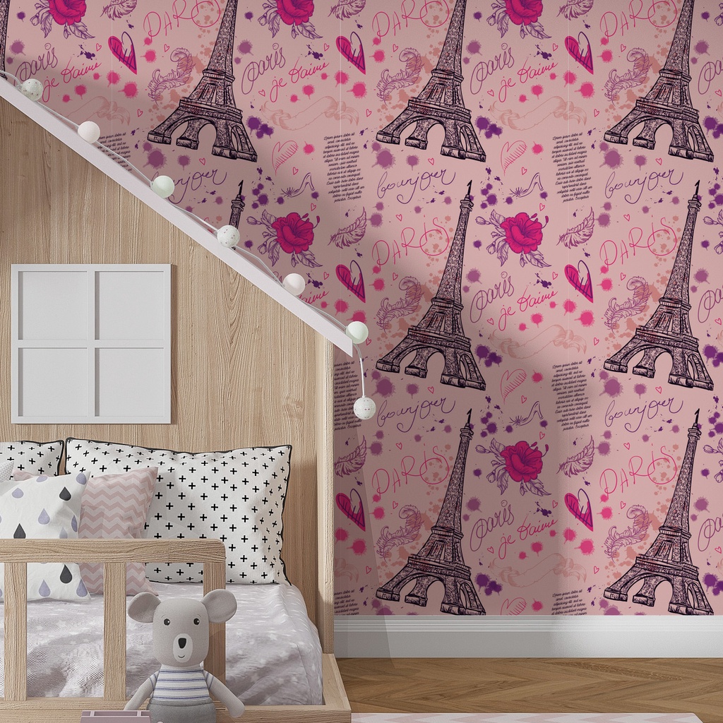 Papel De Parede Adesivo França Torre Cores Rosa delicado Quarto de Menina Adesivo Lavável