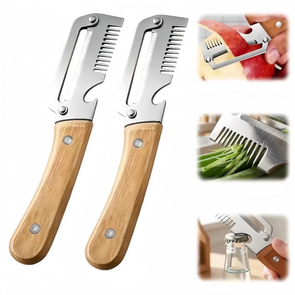 Multifunctional Kitchen Peeling and Slicing Knife, 3 in 1, Stainless Steel, Wooden Handle