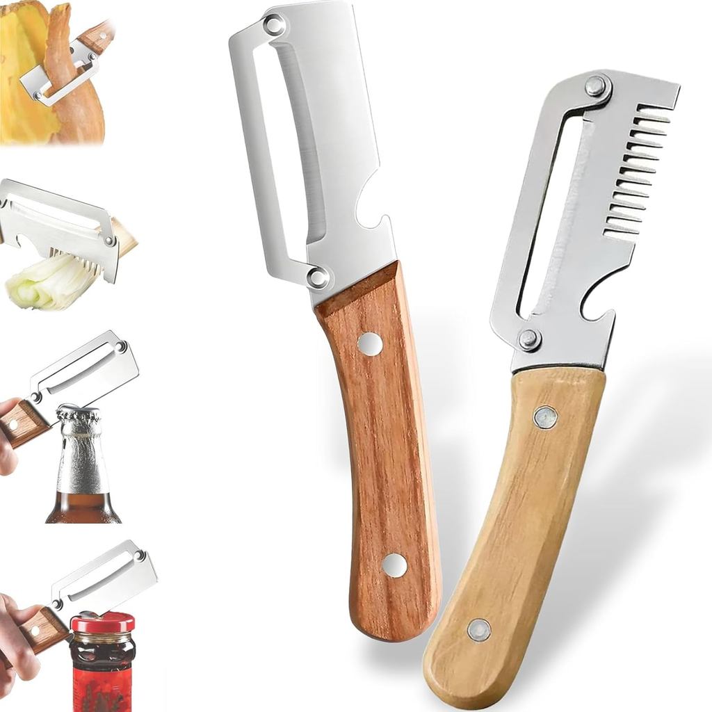 Multifunctional Vegetable Peeler With Wooden Handle, 3 In 1 Stainless Steel Sharp Knife For Fruit And Hard ned Produce,