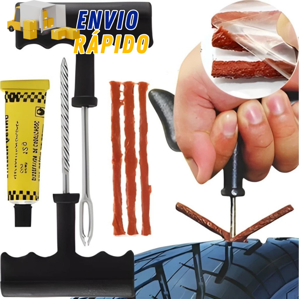 Kit Reparo De Pneu Conserta Cola Remendo Carro Moto Macarrão Selante Sem Câmara Furos Buraco