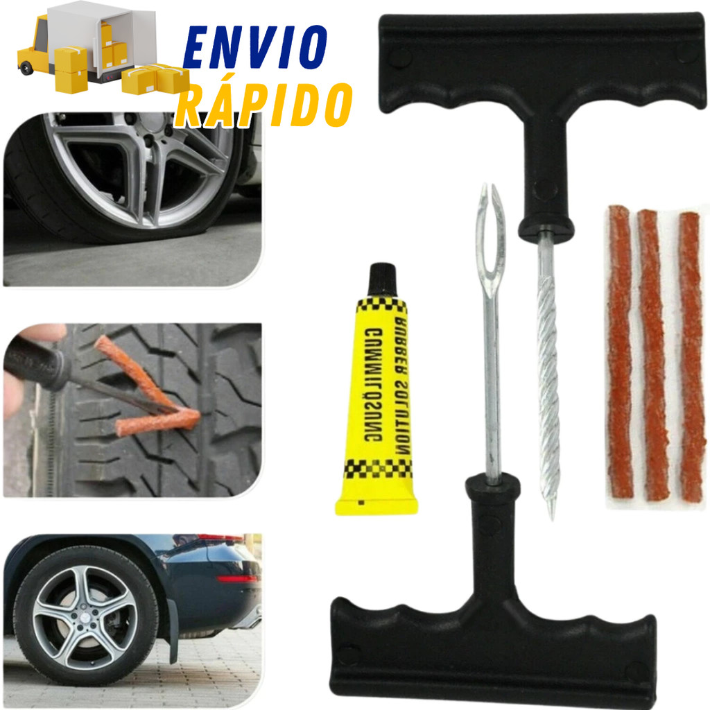 Kit Conserta Arruma Reparo Cola Pneu Sem Câmara Carro Moto Macarrão Selante Remendo Buracos Furos