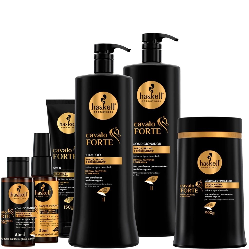 Kit Cavalo forte Shampoo e Condicionador 1L + Máscara 900gr + Leave in + Selante + Complexo Haskell