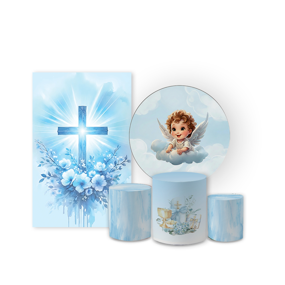 Kit Capa Painel e Cilindros Tema Batizado Fé Anjinho Cute Decoração Festa Infantil Religiosa Luxo