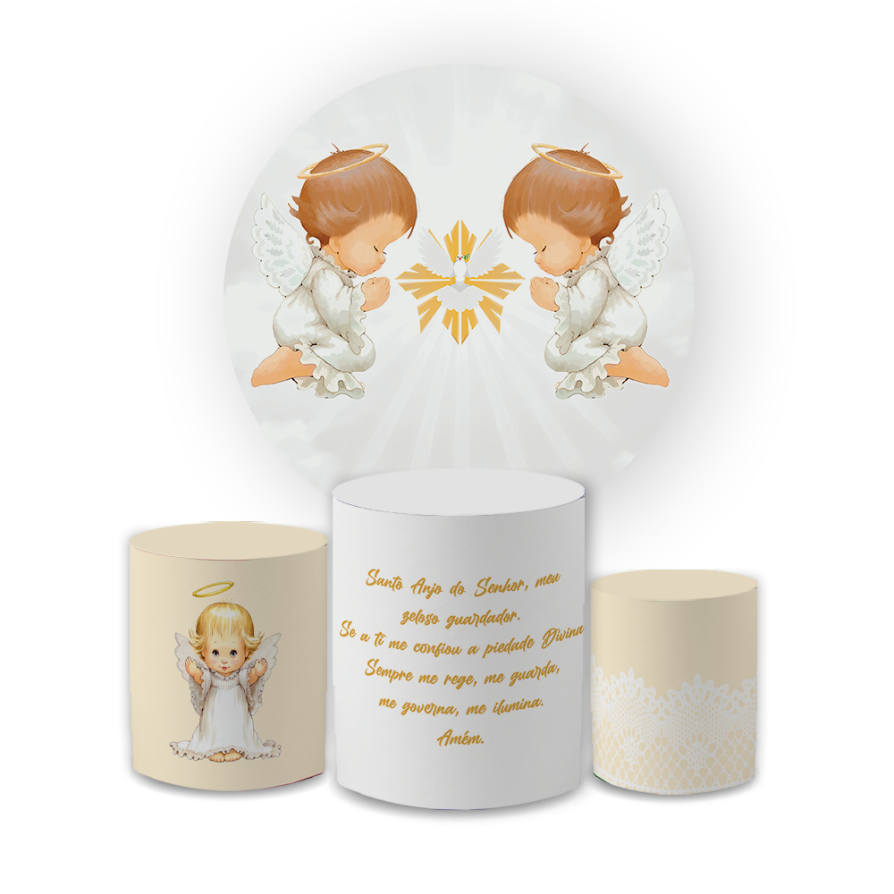 Decoração Batizado Kit Capa Painel e Cilindros Tema Anjinho Batizado Infantil Cute Lançamento Oferta