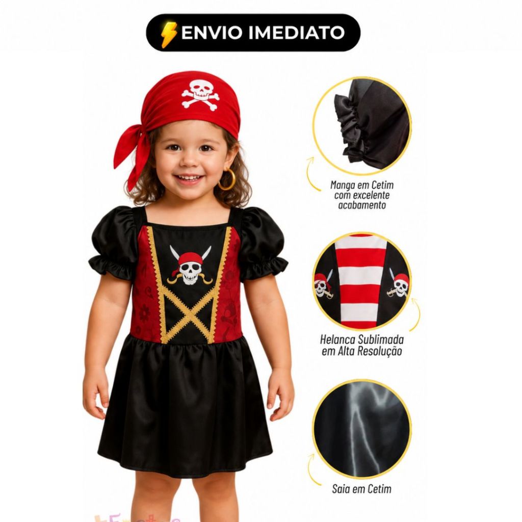 Fantasia Infantil Pirata Menina 4 a 8 Anos Pirata Cosplay Caribe Festa Dia Crianças Acessório