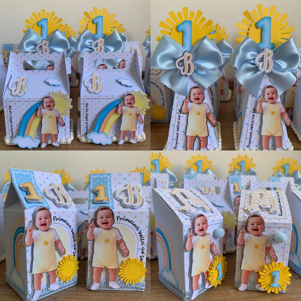 Kit Luxo Caixas Personalizadas Primeira Volta ao Sol Lembrancinhas| Sol| Festa Infantil Menino| Mascotinho Personaliz.IA
