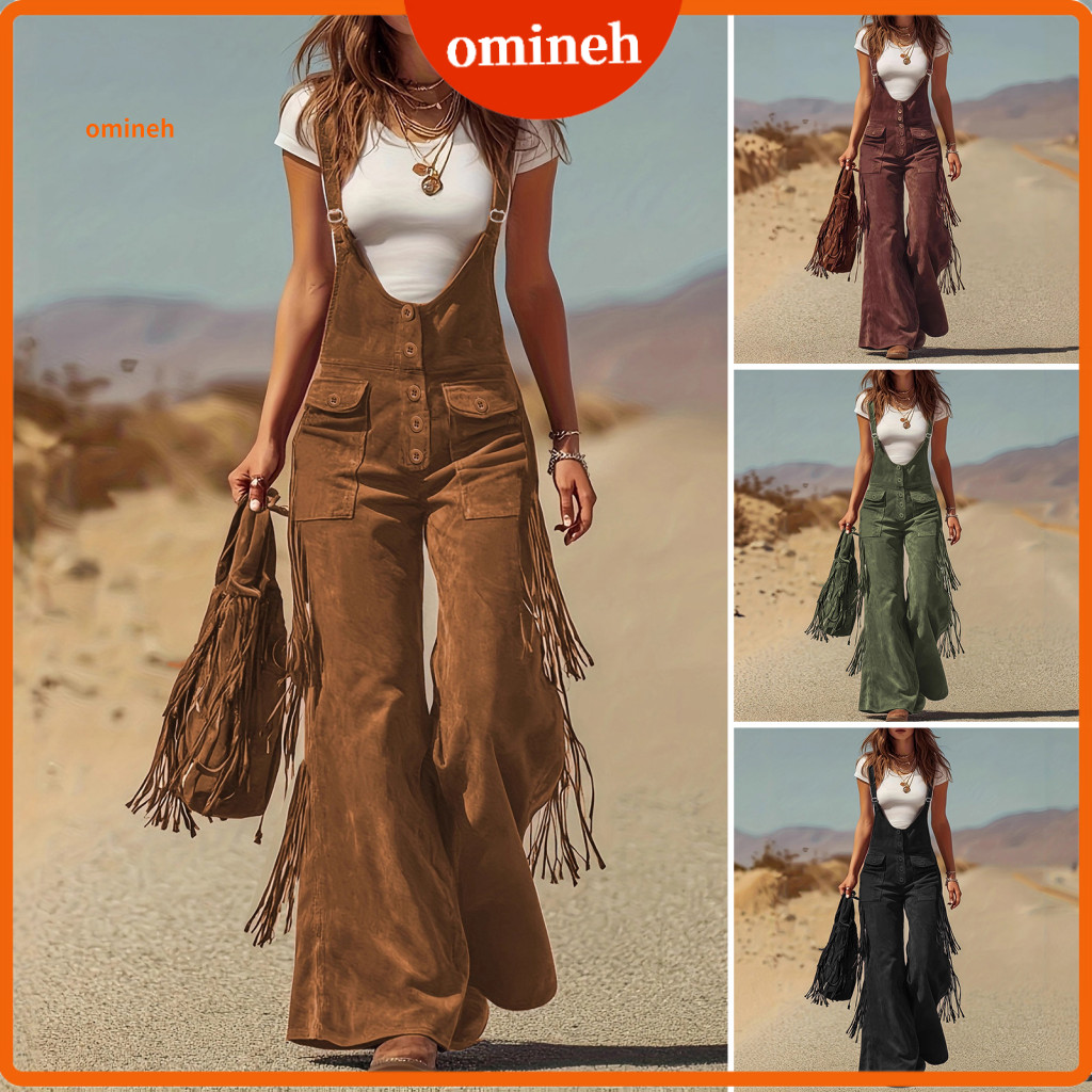 Wide Leg Cargo Pants Striped Side Jumpsuit for Women Adjustable Straps Front Button Closure Multiple Pockets Suede One-p