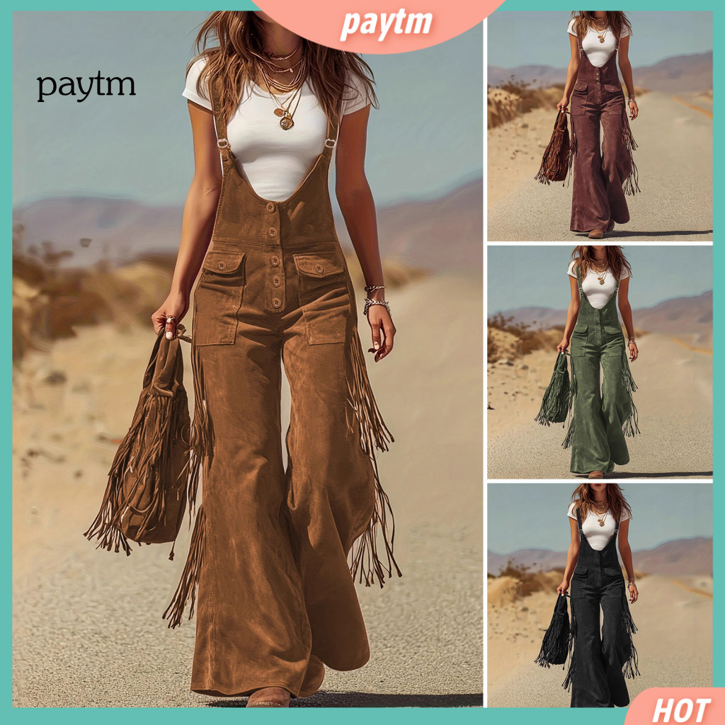 Wide Leg Cargo Pants Women Jumpsuit for Adjustable Straps Front Button Closure Multiple Pockets Suede One-piece Romper w
