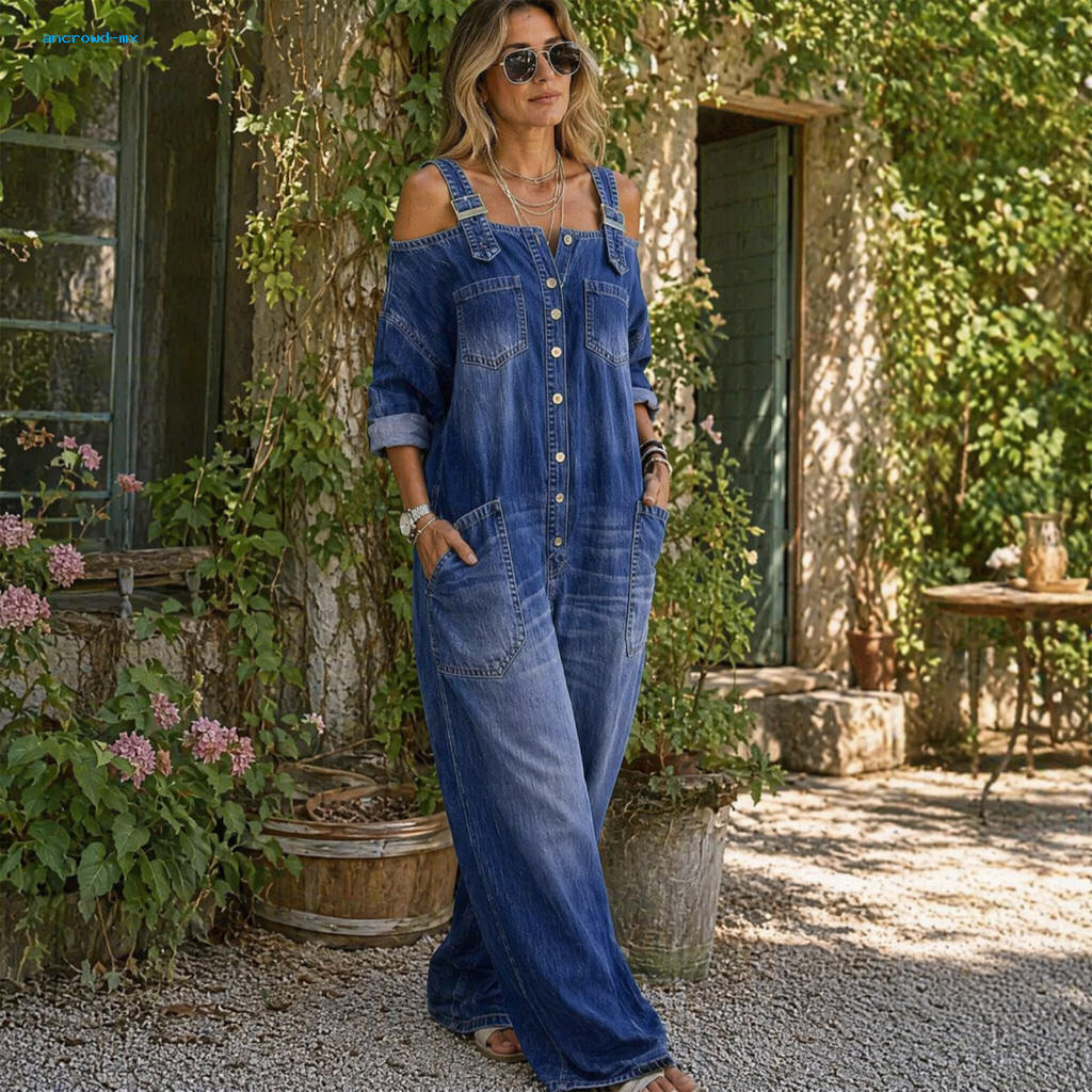 Loose Denim Pantsuit Soft Jumpsuit Women’s Summer – Off Shoulder Long Sleeve Fit Adjustable Straps Wide Leg Button-d