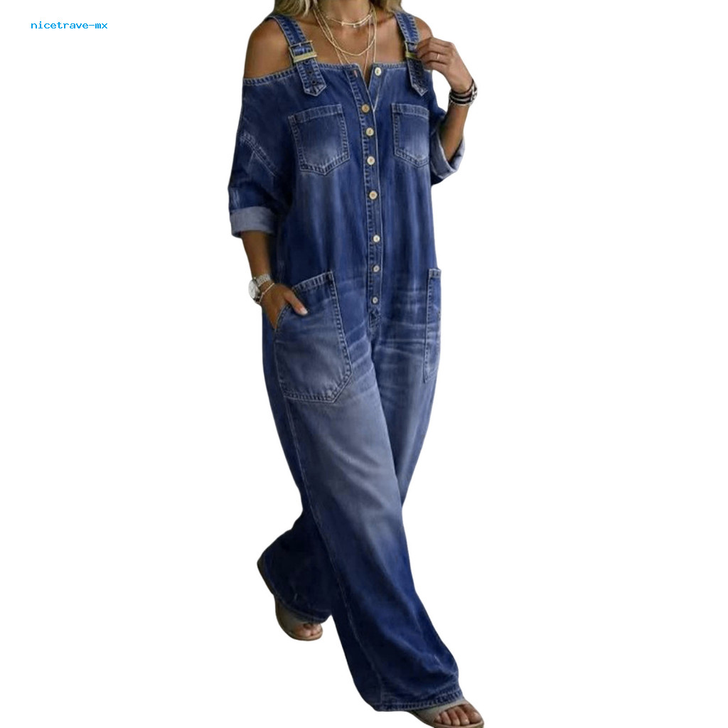 Soft Denim Jumpsuit Loose Pantsuit Women’s Summer – Off Shoulder Long Sleeve Fit Adjustable Straps Wide Leg Button-d