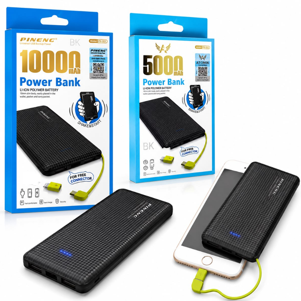 Carregador Portátil Pineng Power Bank 10.000mah 5000mah com adaptador iPhone Lightning USB Android