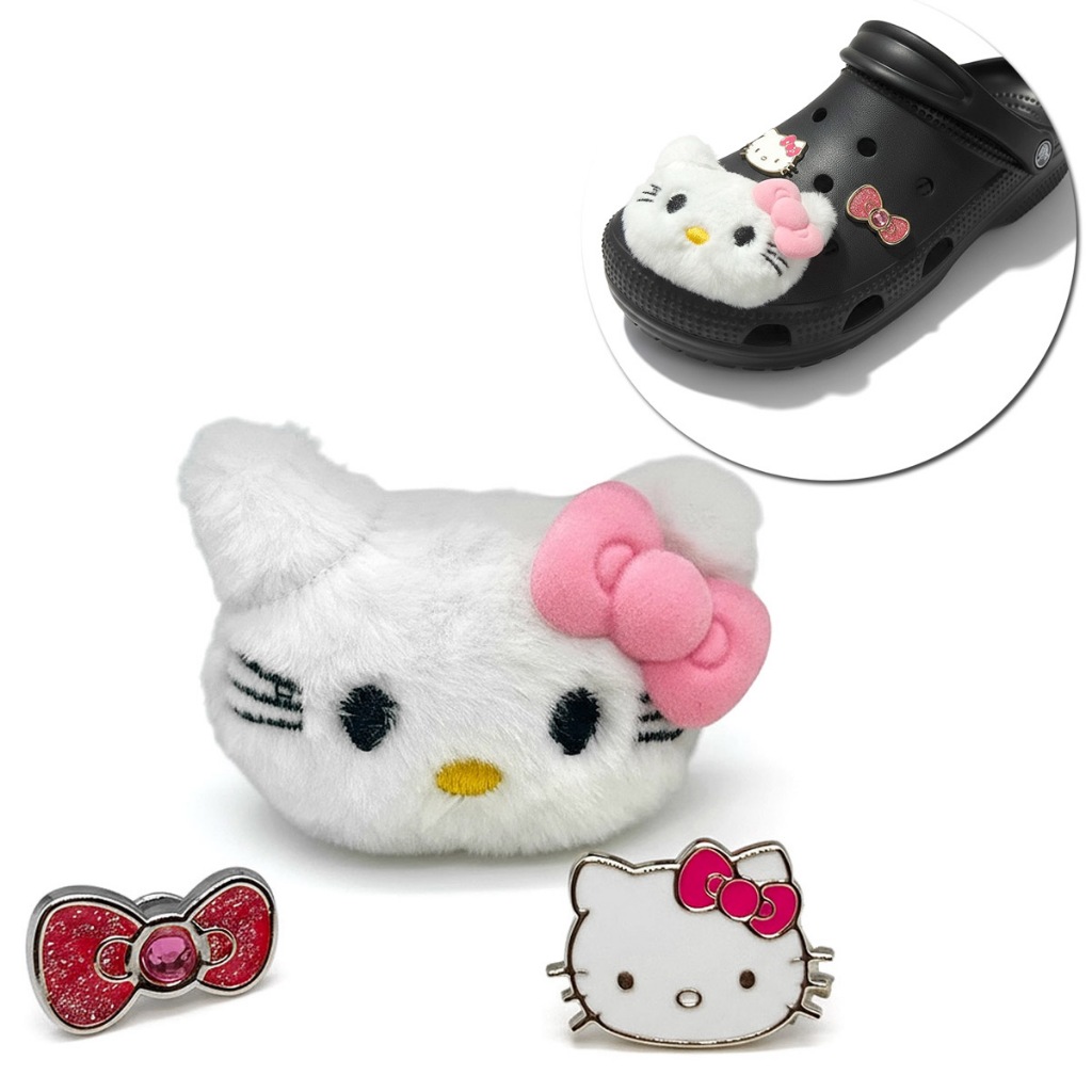 Conjunto Kit 3 Pçs Pins Bottons Pingente Pélucia Hello Kitty Lacinho Rosa Coleção Sapatos Slides Sandálias Decoração