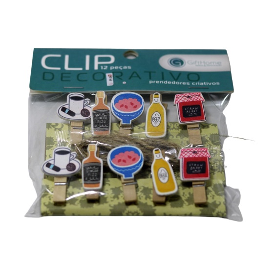 Conjunto de Clip Decorativo 12 Prendedores Criativos com Cordão de Nylon Estampas Sortidas