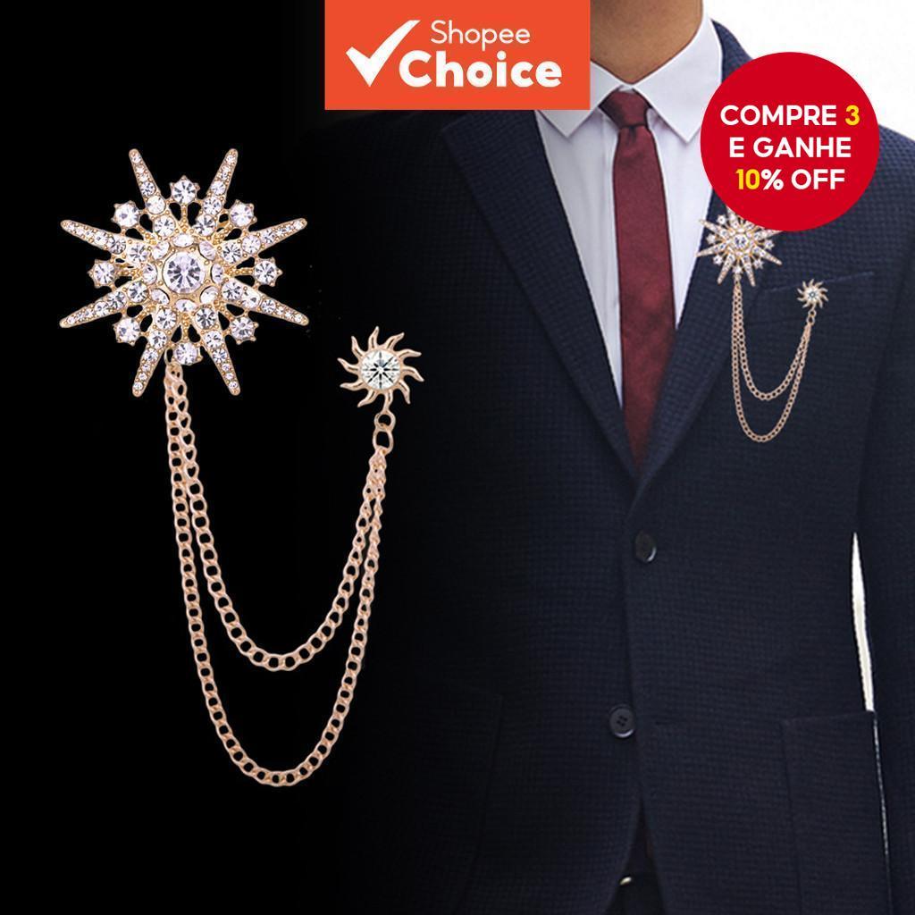 Novo Conjunto de Jaqueta com Cadeia, Penduelo, Estrela, Flor no Peito e Broche de Floco de Neve para Moda Masculina.