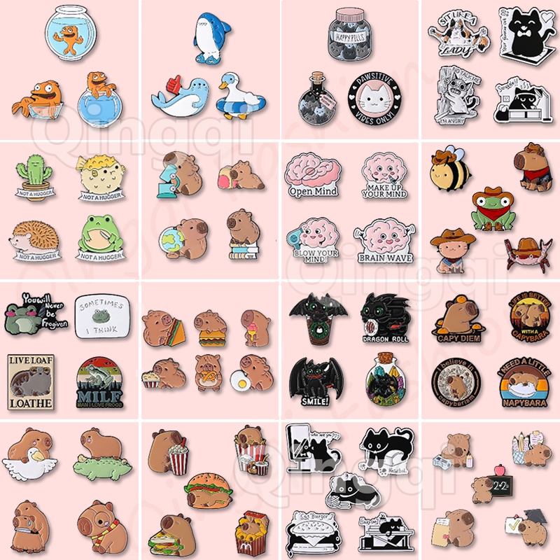 2-6 Pçs Bonito Série Animal Broche Conjunto Engraçado Sapo Gato Capivara Emblemas De Metal Mochila Jóias Presente Para A