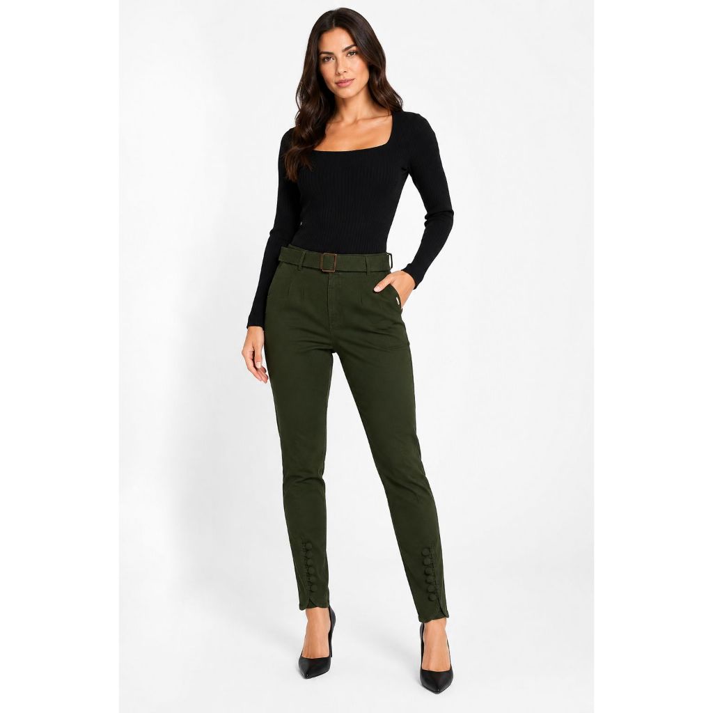 Calça Feminina Verde Militar Skinny Animele Cinto Detalhe Botões Tam 38