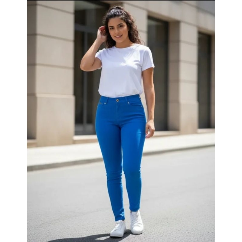 calça skinny feminina colorida (em tom azul-bic / azul-royal) da marca Osmoze.Tam 42. Medidas na descrição.  Brechó