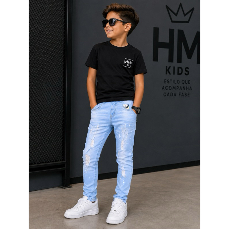 Calça Jeans Skinny Infantil Menino HM Kids Destroyed Com Elastano Tam 4 ao 16