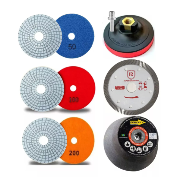 Kit Acabamento Porcelanato 45 Graus 3 Lixas 1 Rebolo 1 Suporte 1 Disco 110mm Turbo Extra Fino