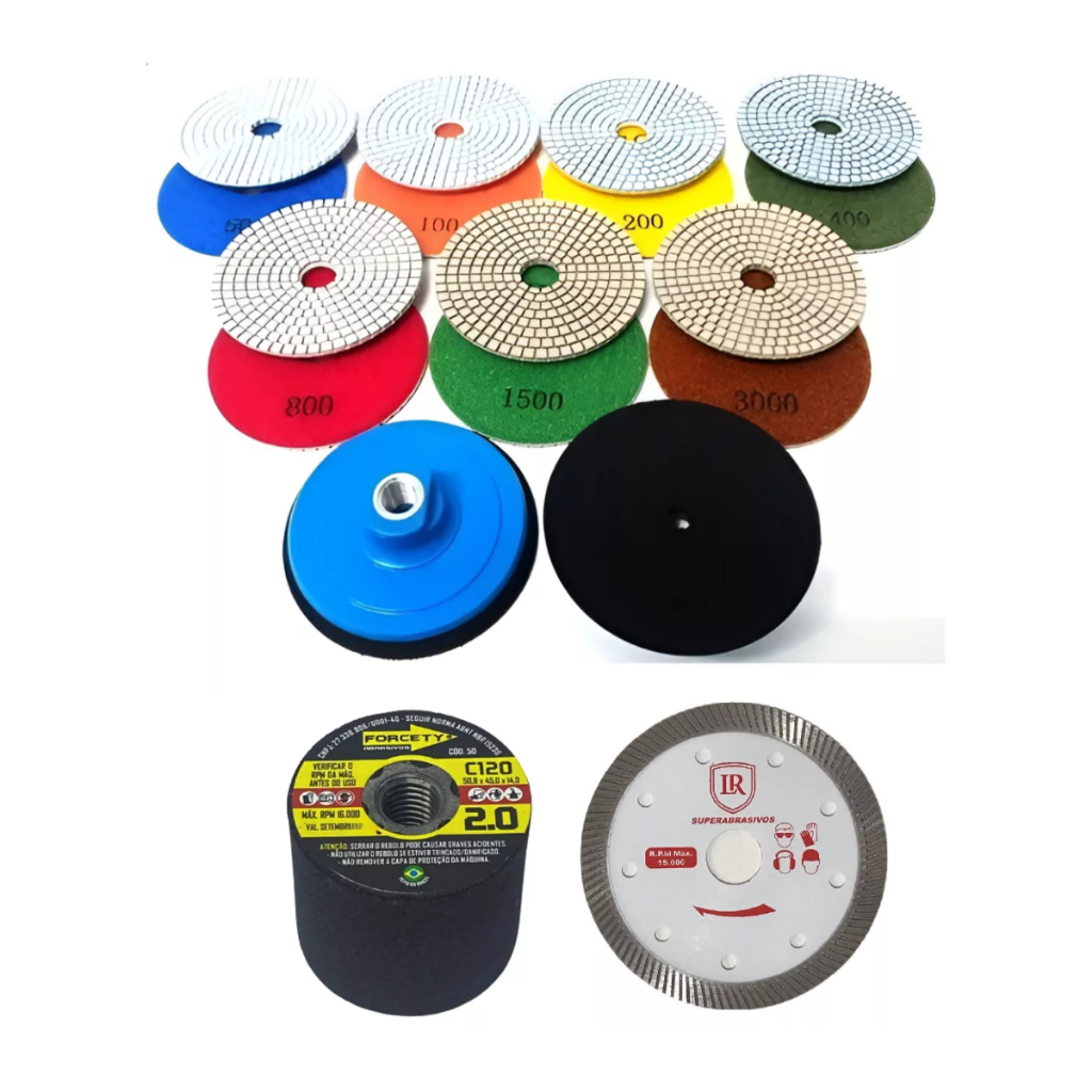 Kit Acabamento Porcelanato 45 Graus 3 Lixas + Suporte + Disco 110mm Rebolo 2Pol. 120 Para Lixadeira