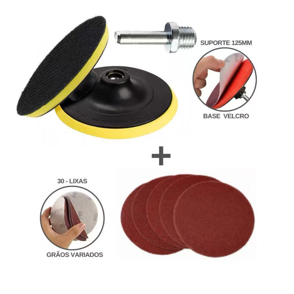 Kit Base Suporte Disco 125mm + Lixas Sem Furos Com Velcro 5