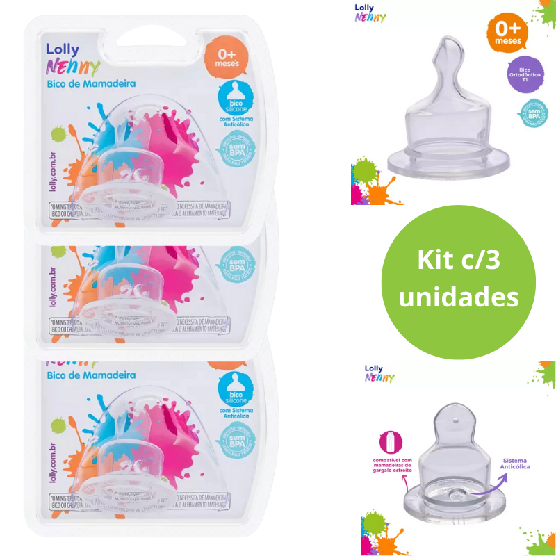 Kit c/3 Bico De Mamadeira Lolly Silicone Ortodôntico N°1