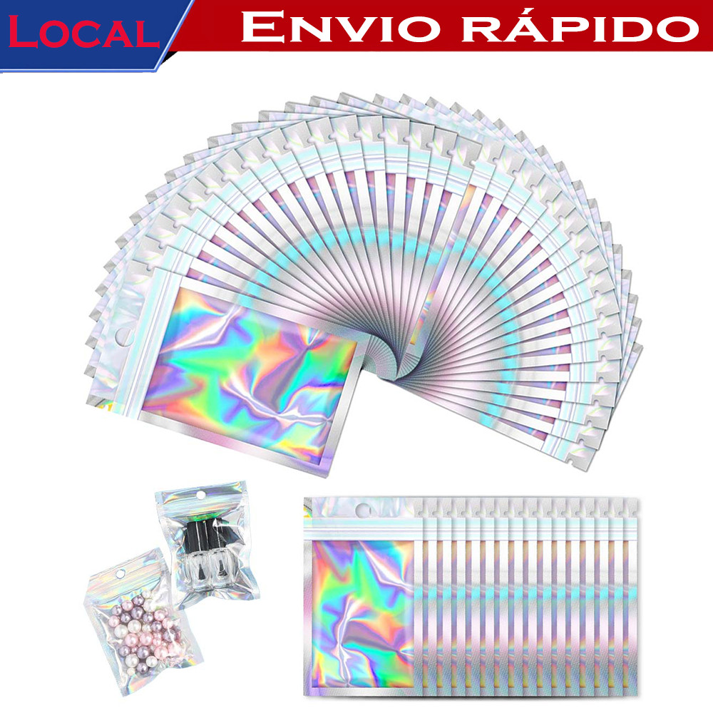 50 peças Saco holográfico 6x10cm autossoldável – para Cosméticos, Joias e Alimentos, Fácil de Fechar