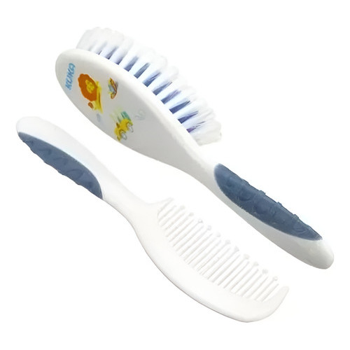 Kit Escova e Pente Soft Kuka para Bebê Cerdas Macias Tema Leão Azul e Branco