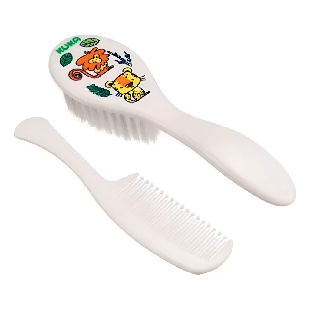 Kit Pente e Escova Soft Kuka Cerdas Macias para Bebê Tema Macaco e Onça