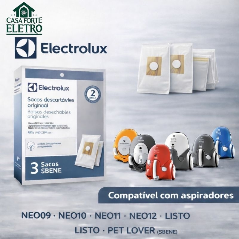 Kit 3 Sacos Originais Aspirador Electrolux SBENE A20810901 NEO09 NEO10 NEO11 NEO12 NEO16 Listo Pet Lover