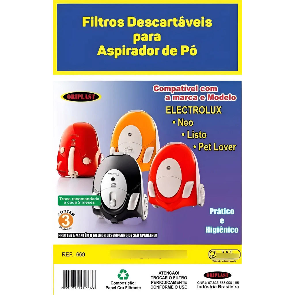3 Saco Descartável P/ Aspirador Electrolux Neo09 Neo10 Neo11