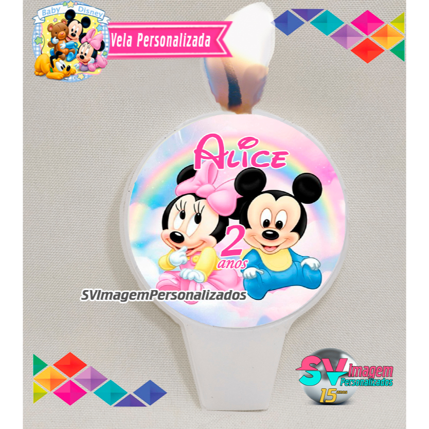 Festa Baby Disney Vela de Aniversário Personalizada Mickey e minnie Decoração de Bolo Envio Rápido