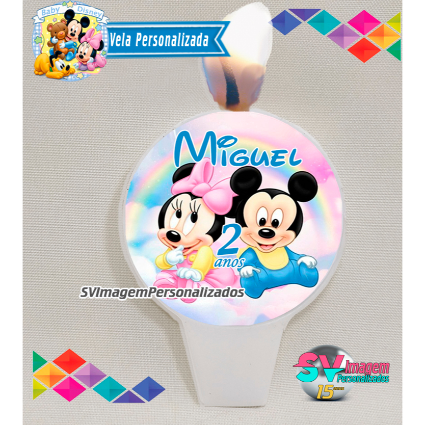 Baby Disney Festa Vela de aniversário para menino mickey e minnie Personalizada