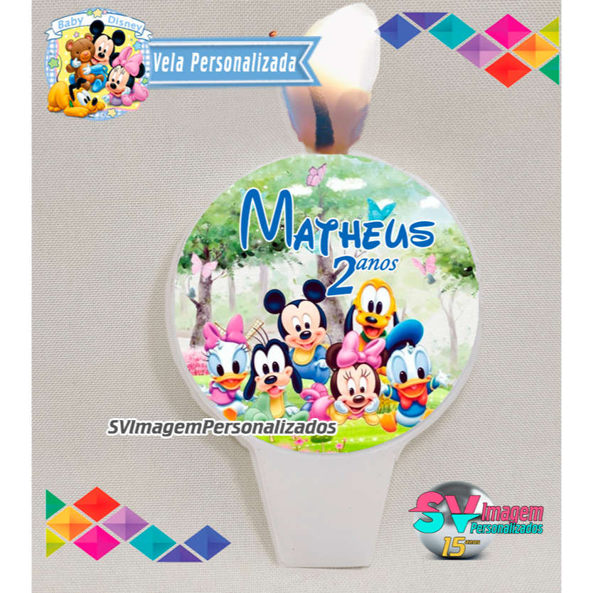 Festa Baby Disney Vela de aniversário para menino turma do mickey e minnie Personalizada