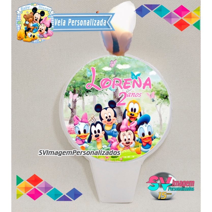 Festa Baby Disney Vela de aniversário para menina turma do mickey e minnie Personalizada