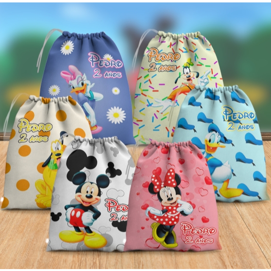 30 Sacolinhas Surpresa Personalizada Tecido Mickey Minnie Disney Turma  (15x20)