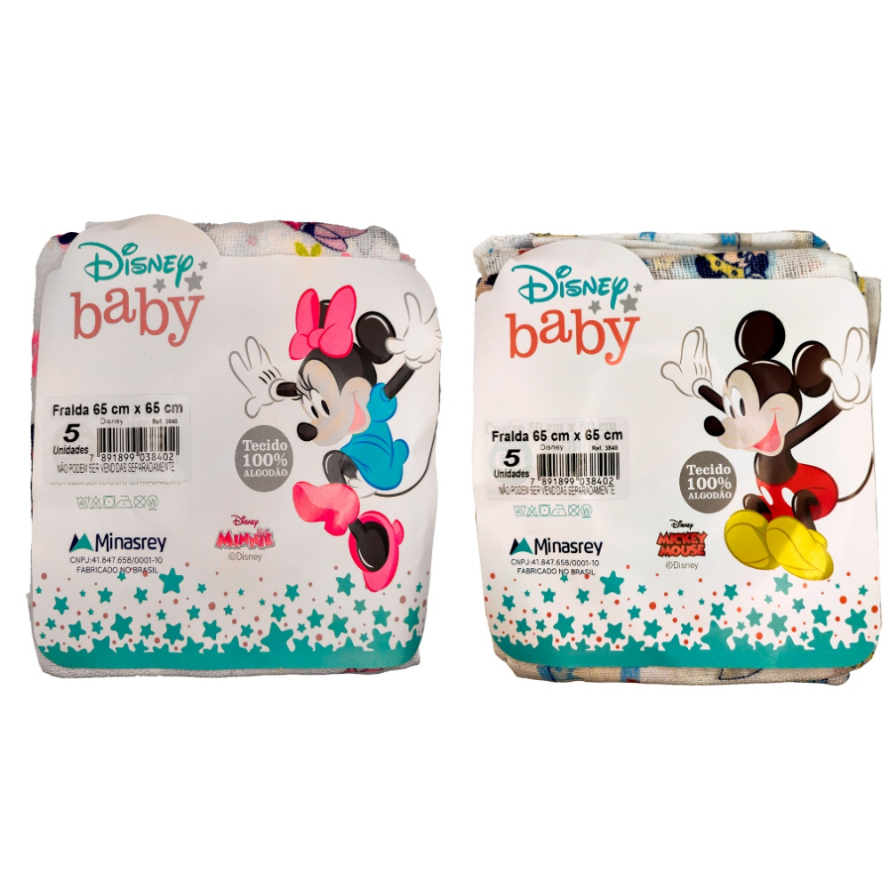 Fralda de Pano Disney Mickey e Minnie - 5 Unidades - 100% Algodão