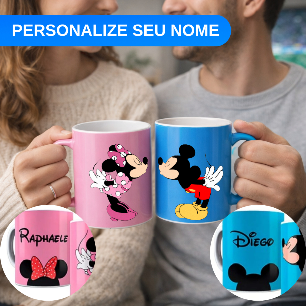 Kit 2 Canecas de Cerâmica Mickey e Minnie Personalizada  Para Casal Com Nomes Dia Dos Namorados