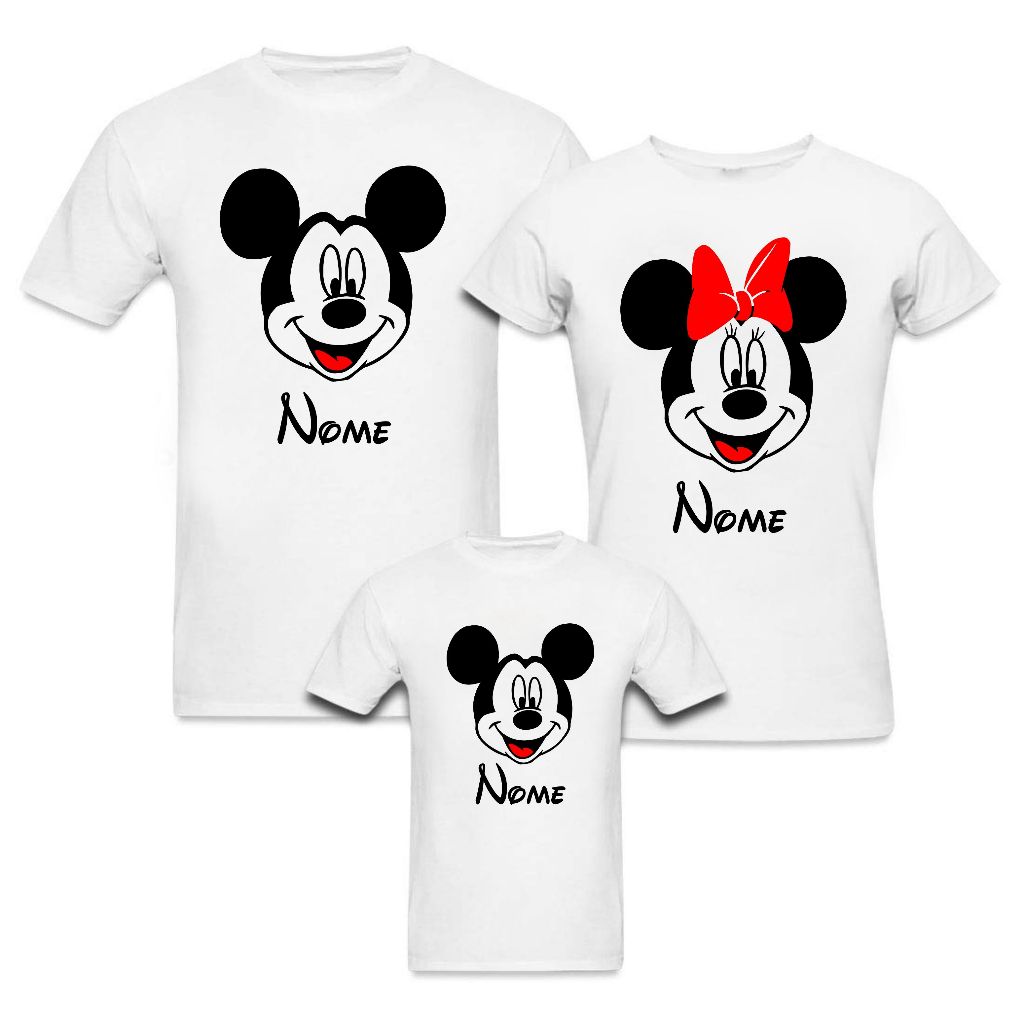Kit disney mickey minnie camisetas body pai mãe filho filha bebe com nome personalizado branca