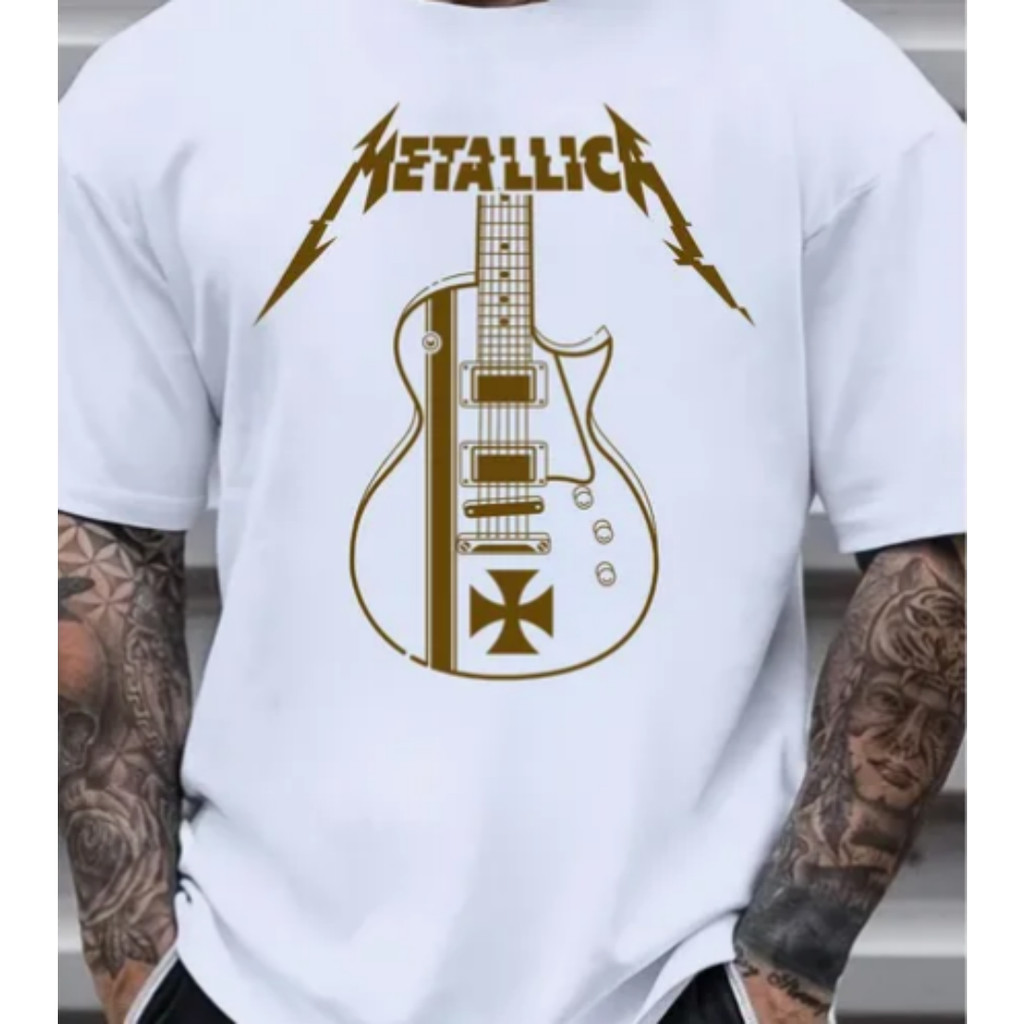 Camiseta Masculina Folgada Com Estampa Retrô De Guitarra Da Banda Metallica, 100% Algodão