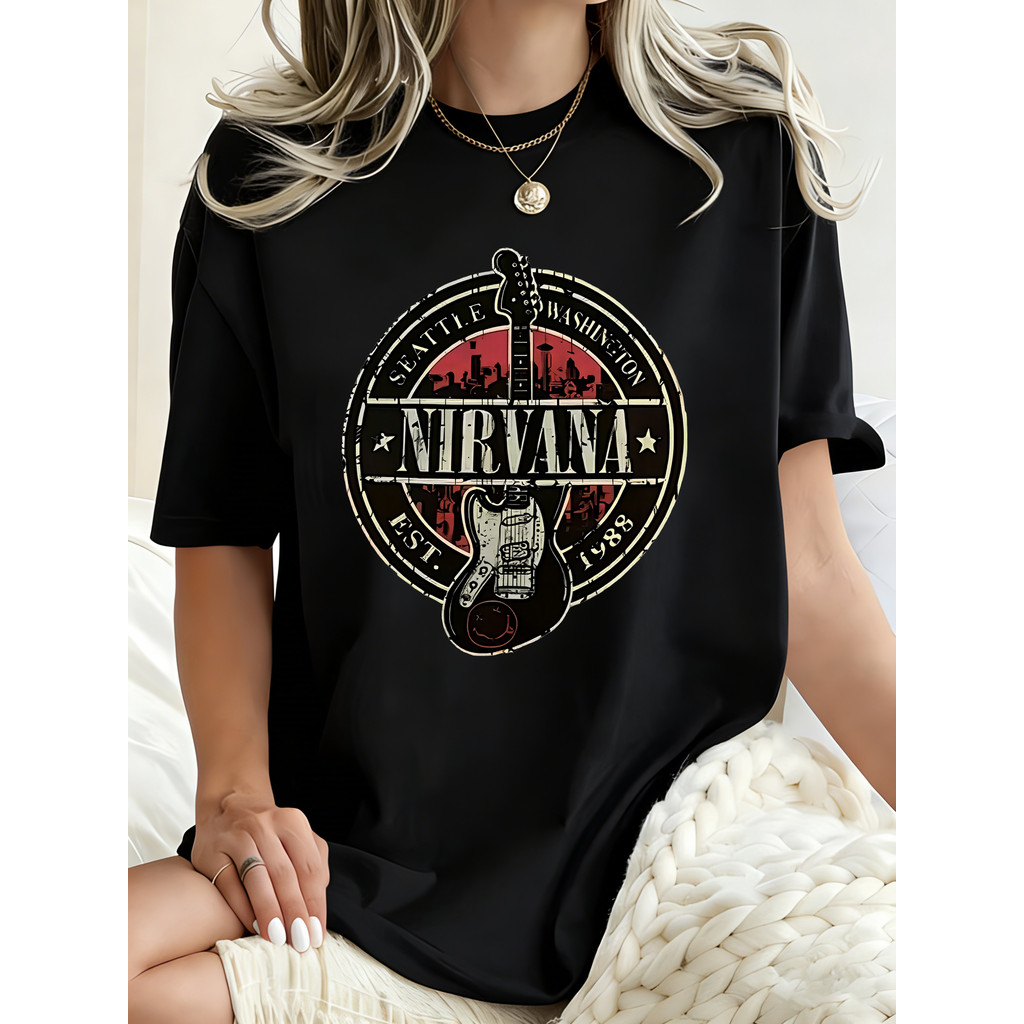Camisa Nirvana para Masculino, Estampa de Guitarra e Silhueta da Cidade de Seattle, Preta, Material de Algodão, para Oca