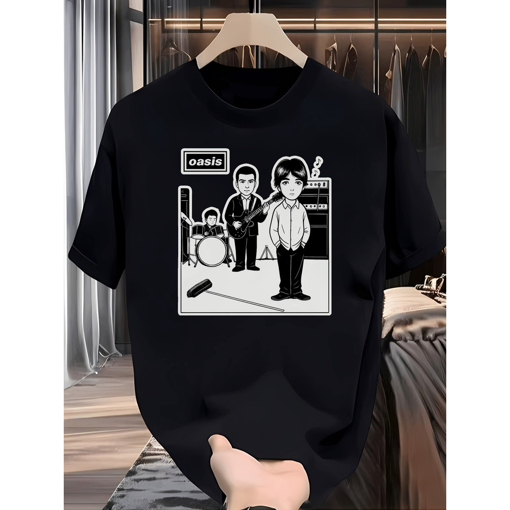 Camiseta Masculina Casual De Algodão, Estampada Com Os Membros Da Banda Oasis E Uma Guitarra
