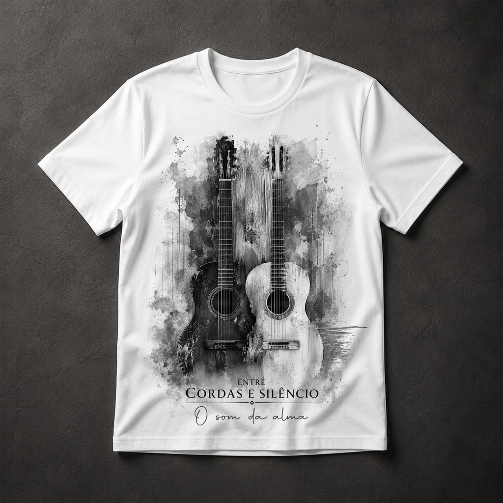 Camiseta Entre Cordas e Silêncio O Som da Alma Violão Guitarras Arte