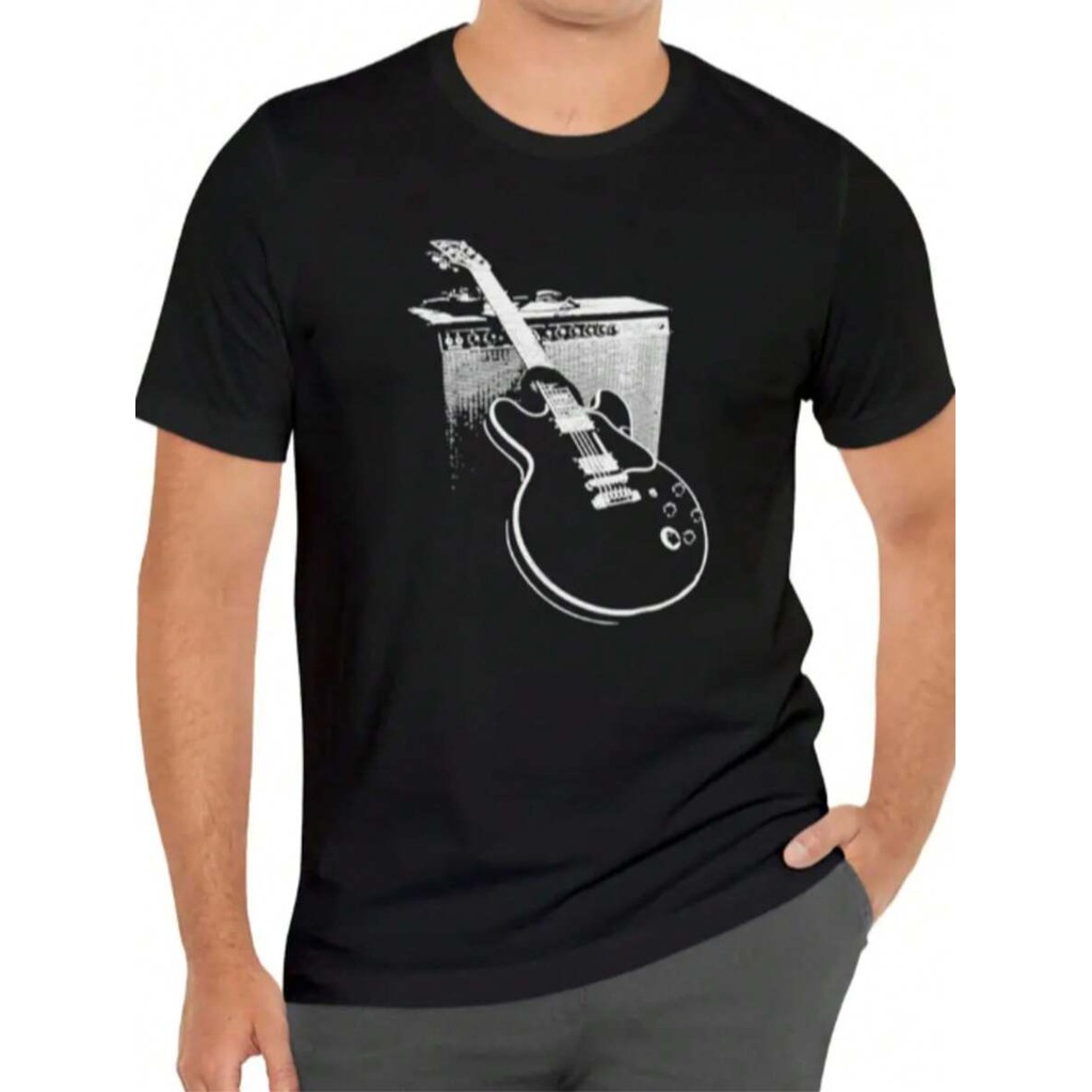 Bonito Camiseta Masculina Com Estampa De Guitarra E Gola Redonda, Camiseta Casual De Verão Da Moda