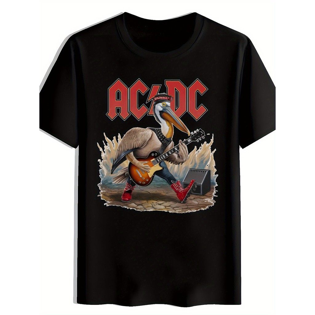 Camiseta Unissex Plus Size Em Puro Algodão Com O Logotipo Da Banda AC/DC E Um Pelicano Tocando Guitarra Elétrica